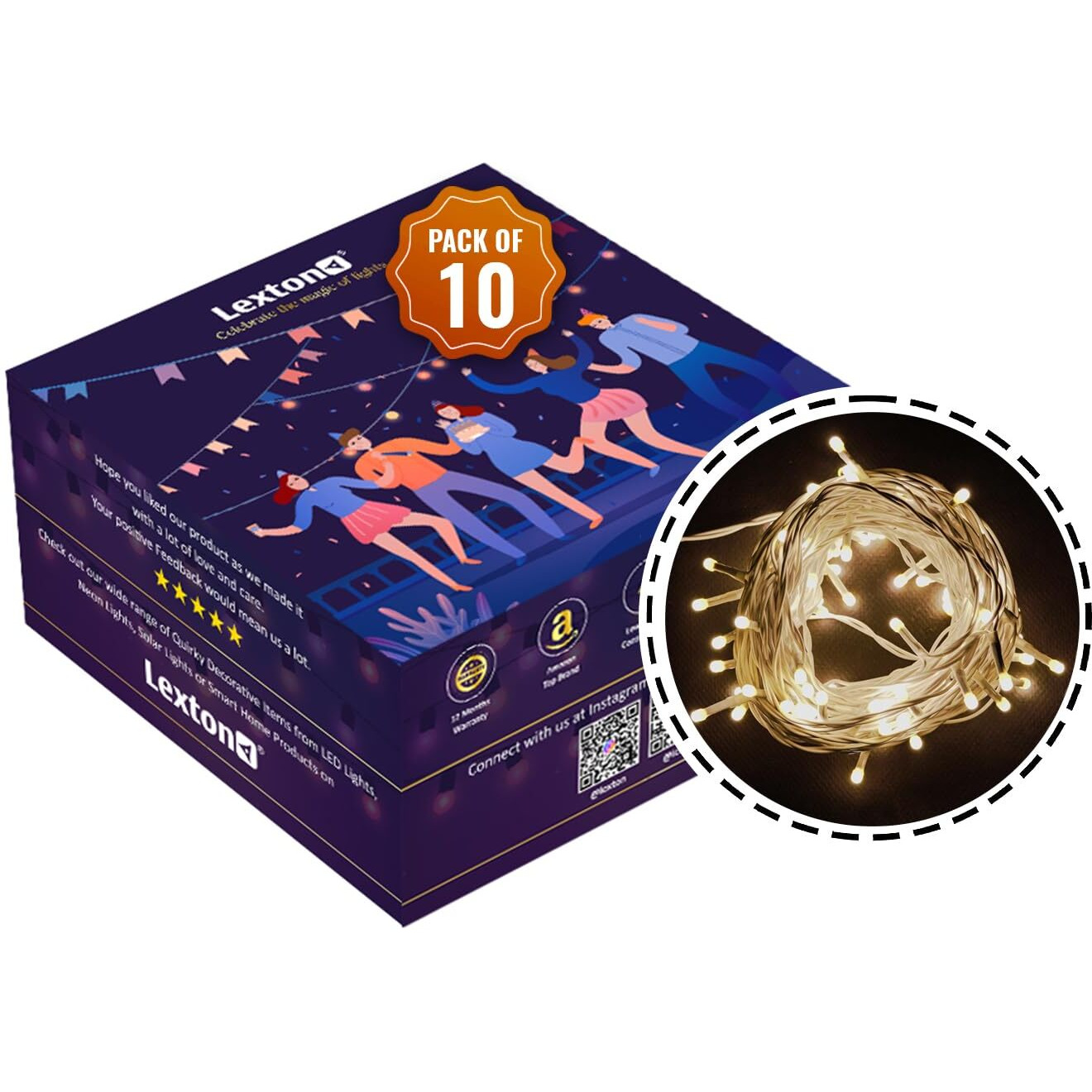 Lexton Lunar 20 Meter 100 LED String/Fairy Light | Plug Sourced | Suitable for Home & Outdoor Decoration, Diwali, Christmas, Wedding, Party, Lawn, Ganesh Chaturthi, Festival (Pack of 10, Warm White)