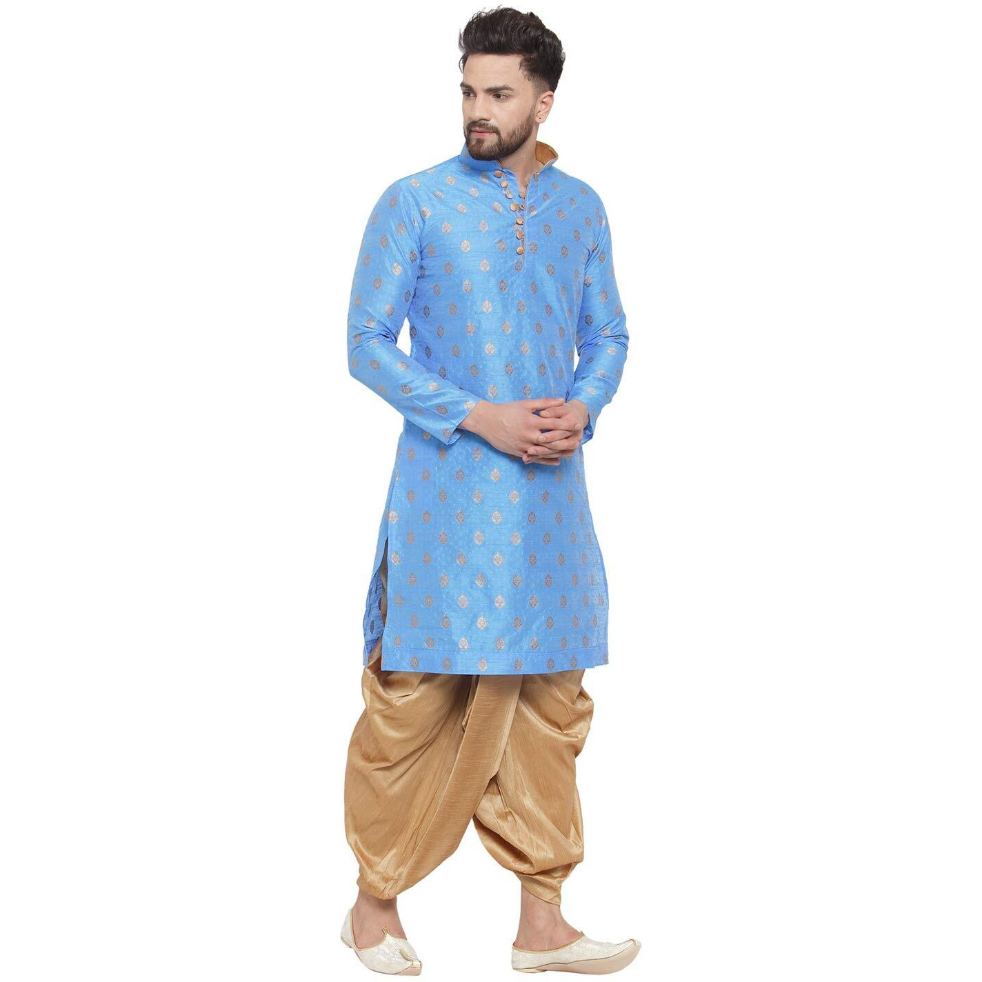 Larwa Mens Raw Silk Ethnic Loop Button Ganesh Print Kurta Dhoti Set (Firozi, 36)