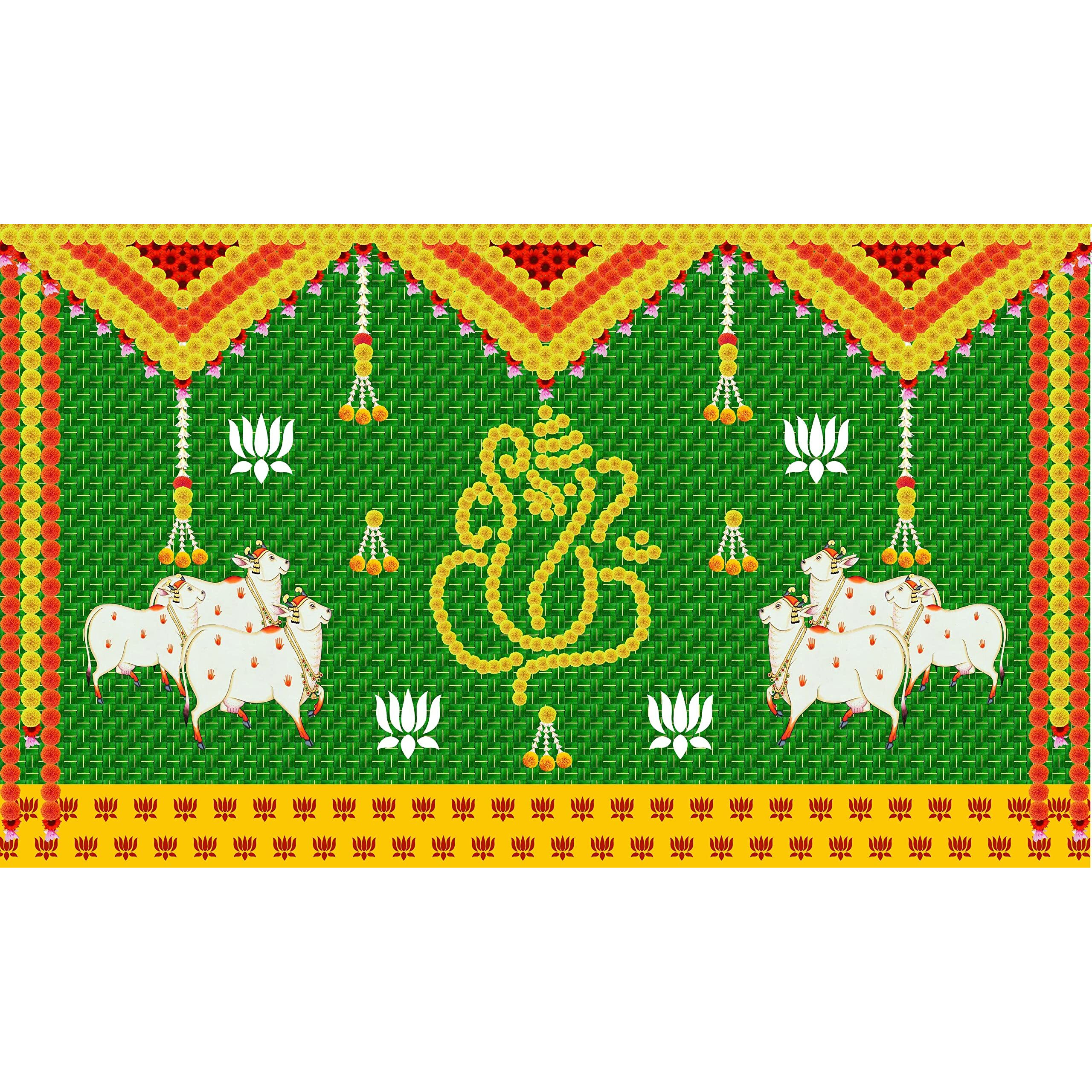 Ashvath Fashion Weaved Coconut Leaf with Yellow Marigold Flowers Ganesh ji Design Backdrop Cloth for Pooja Decoration Traditional Curtain for Festival Size 5Feet Height and 8Feet Width(5 * 8)