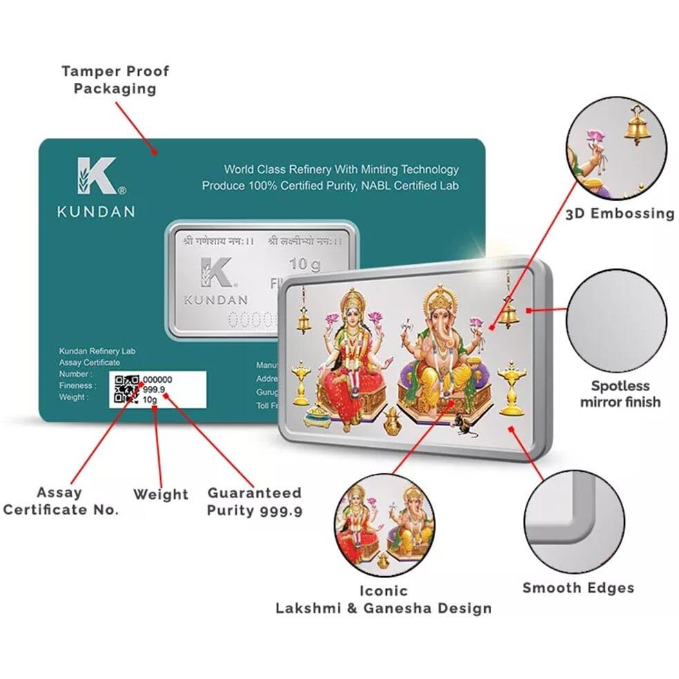 Kundan 10 gm (999.9) Lakshmi Ganesh Silver Colour Bar