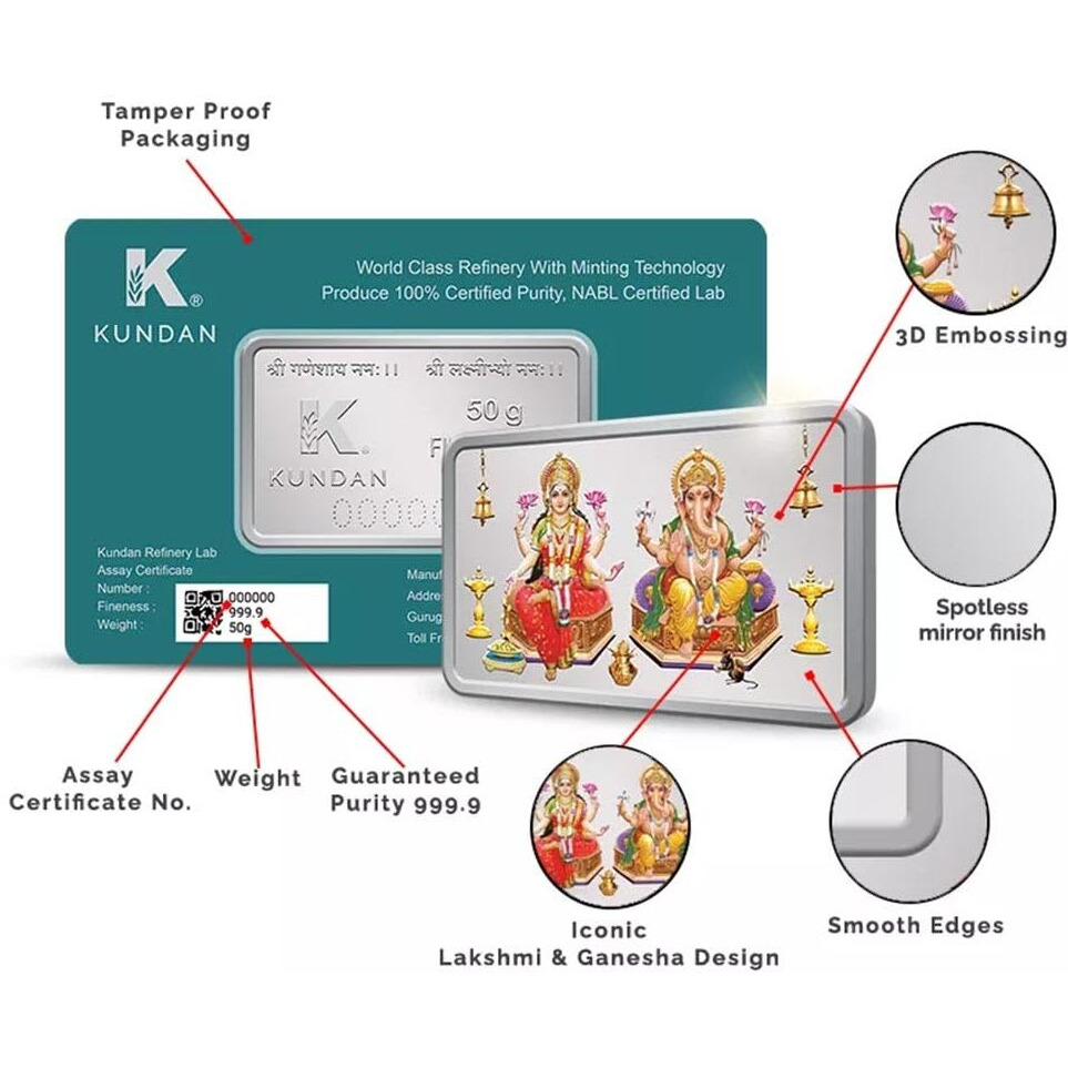Kundan 50g (999.9) Lakshmi & Ganesh ji Silver Colour Bar