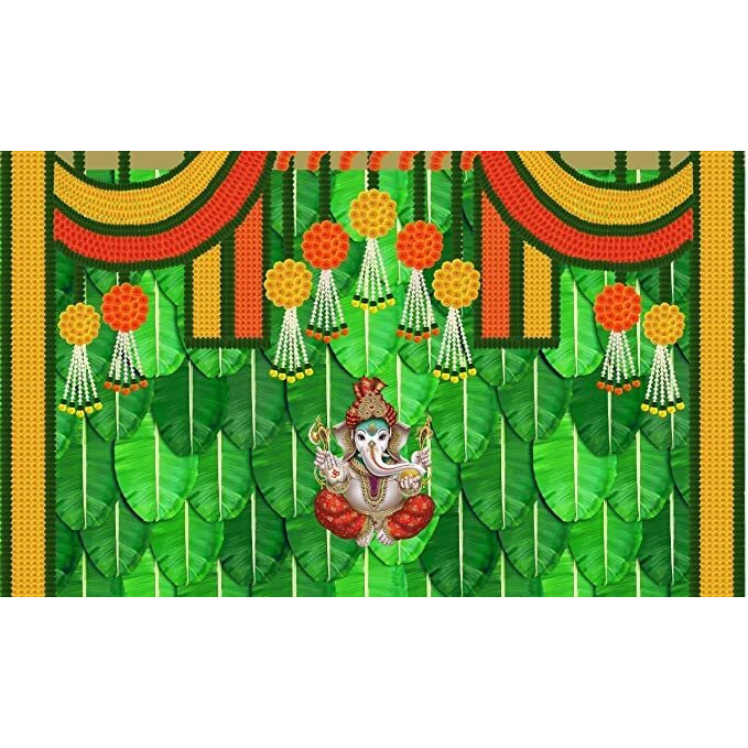 Ashvath Fashion Banana Leaf and Hanging Marigold Flower with Ganesh ji Design Backdrop Cloth for Pooja Decoration Traditional Fabric-Polyester Size 5 Feet Height and 8 Feet Width(5 * 8)