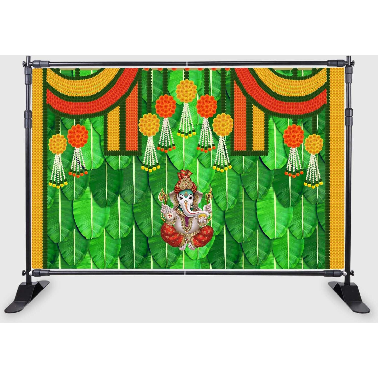 Ashvath Fashion Banana Leaf and Hanging Marigold Flower with Ganesh ji Design Backdrop Cloth for Pooja Decoration Traditional Fabric-Polyester Size 5 Feet Height and 8 Feet Width(5 * 8)