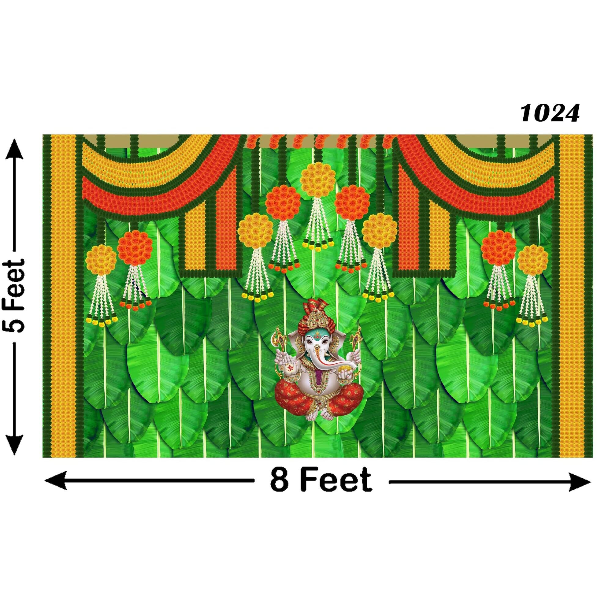 Ashvath Fashion Banana Leaf and Hanging Marigold Flower with Ganesh ji Design Backdrop Cloth for Pooja Decoration Traditional Fabric-Polyester Size 5 Feet Height and 8 Feet Width(5 * 8)