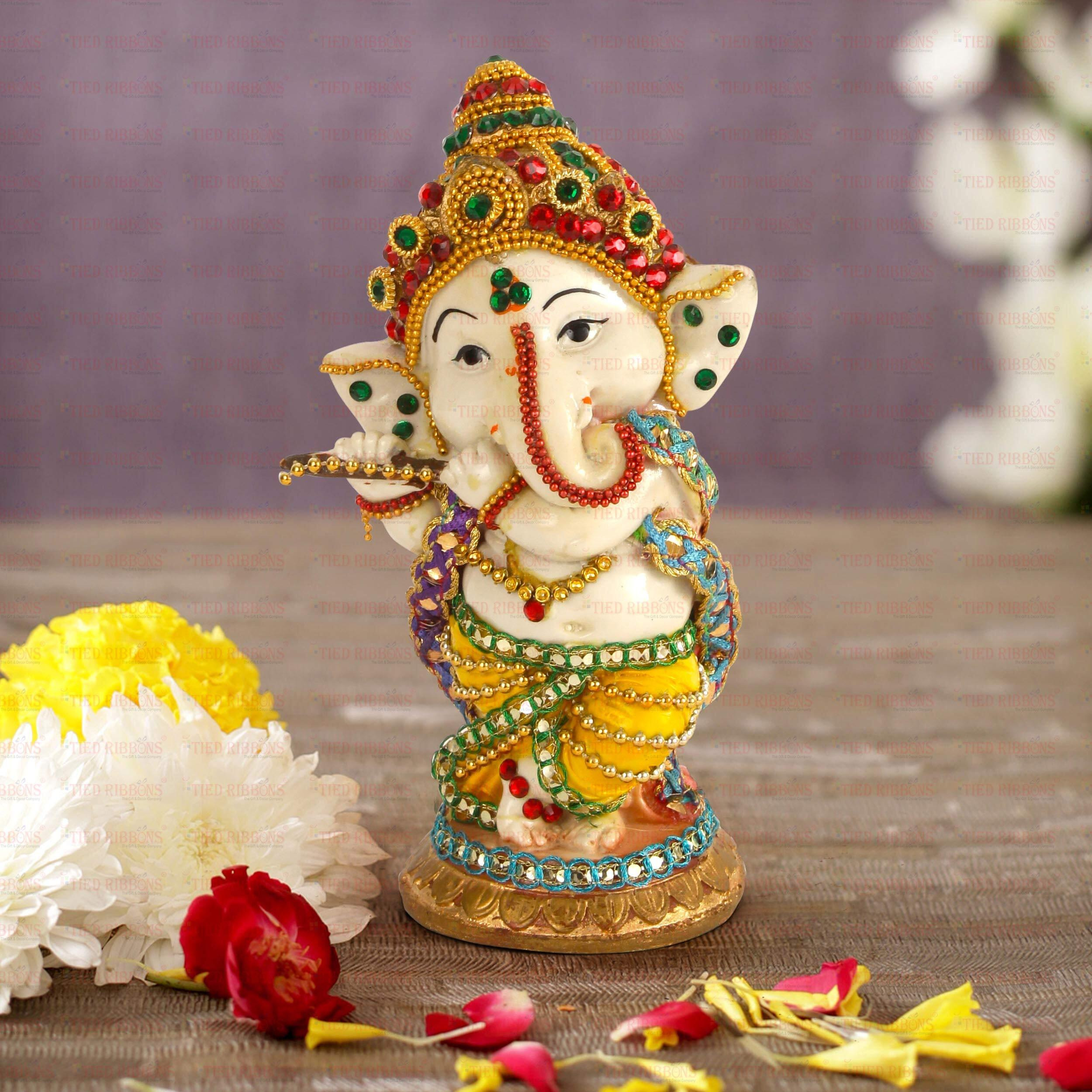 TIED RIBBONS Decorative Murli Ganesh Idol Statue Showpiece (Resin, Multicolor, 14 x 6 cm) - Decoration Items for Home Decor Mandir Living Room Bedroom Pooja Room Office Table Gifts