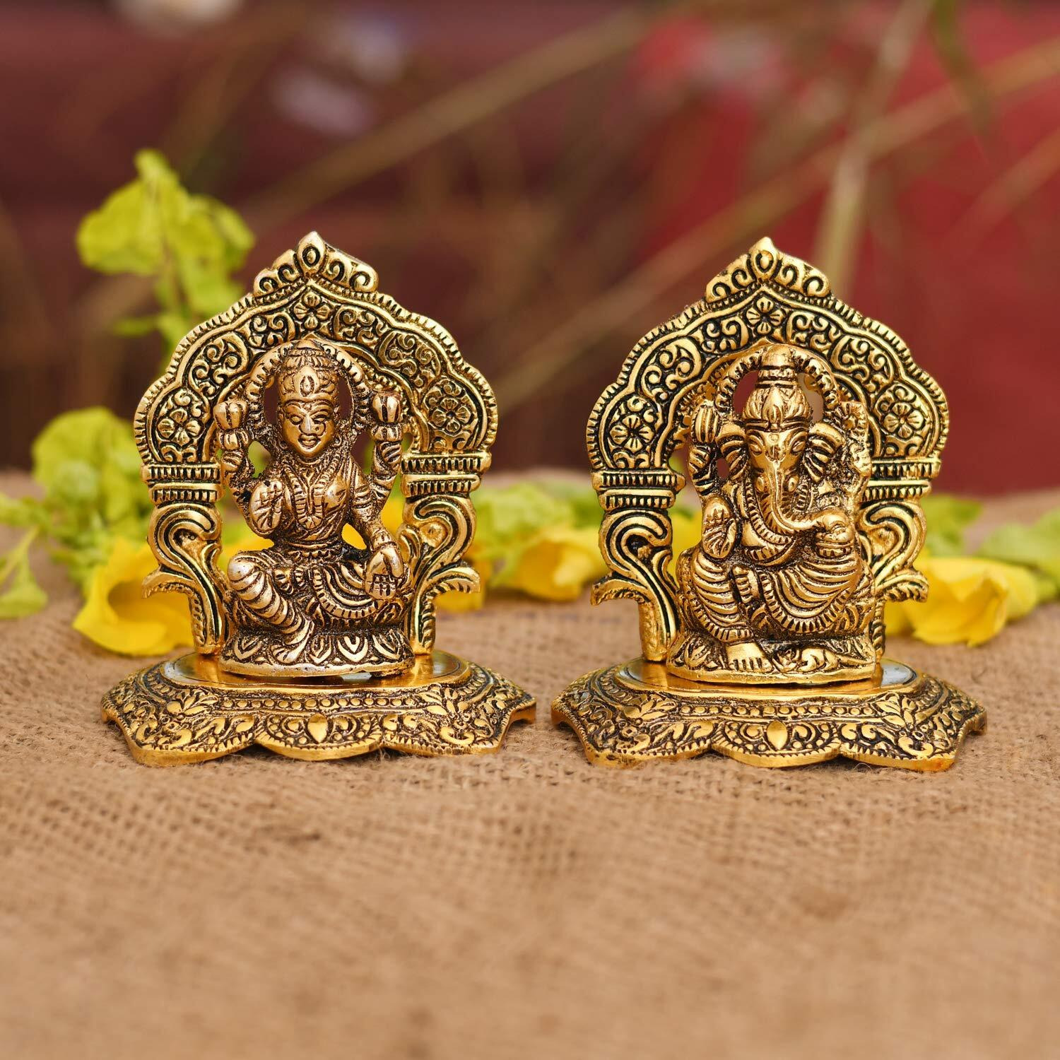 Collectible India Laxmi Ganesh Set Idol Showpiece Metal Gold Plated Lakshmi Ganesha Idols for Diwali Gifts Puja (Set 25)