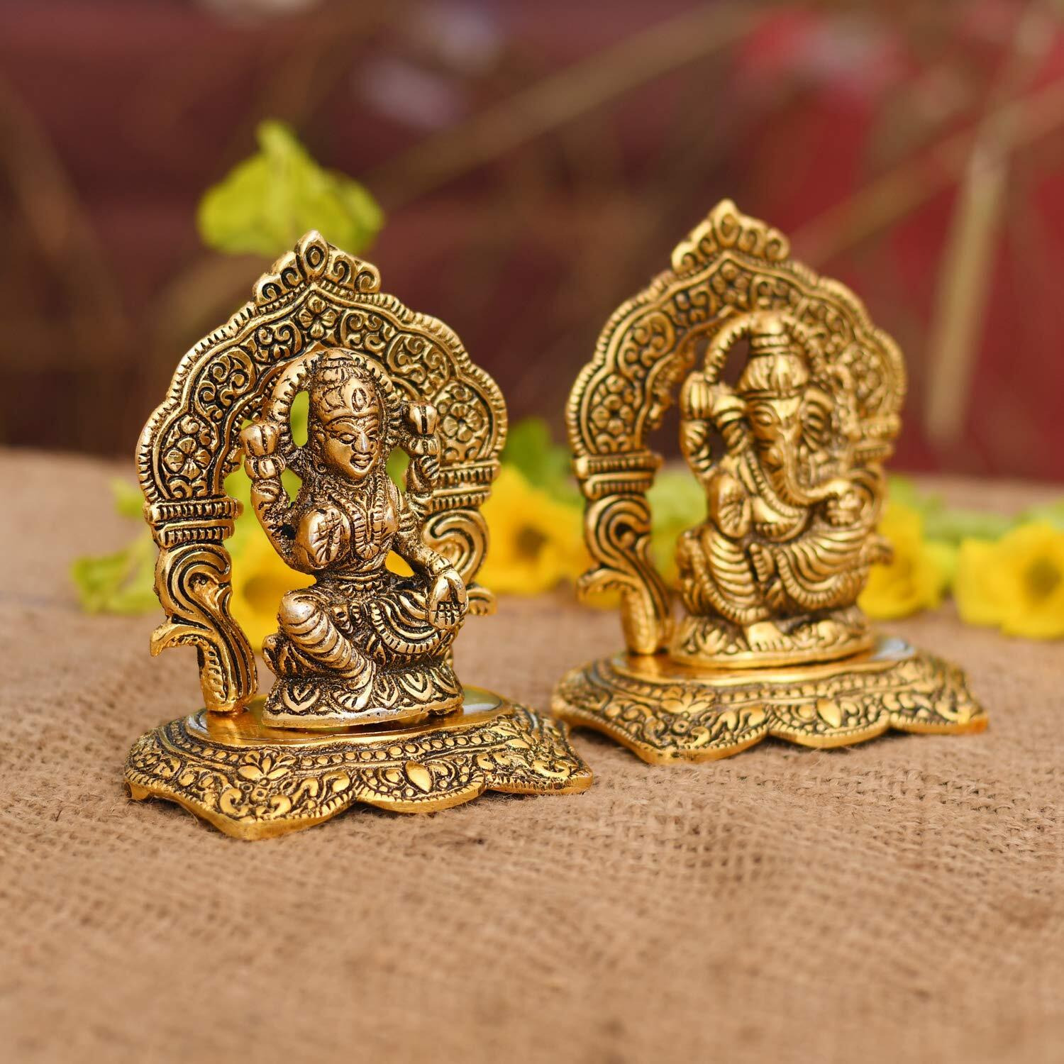 Collectible India Laxmi Ganesh Set Idol Showpiece Metal Gold Plated Lakshmi Ganesha Idols for Diwali Gifts Puja (Set 25)