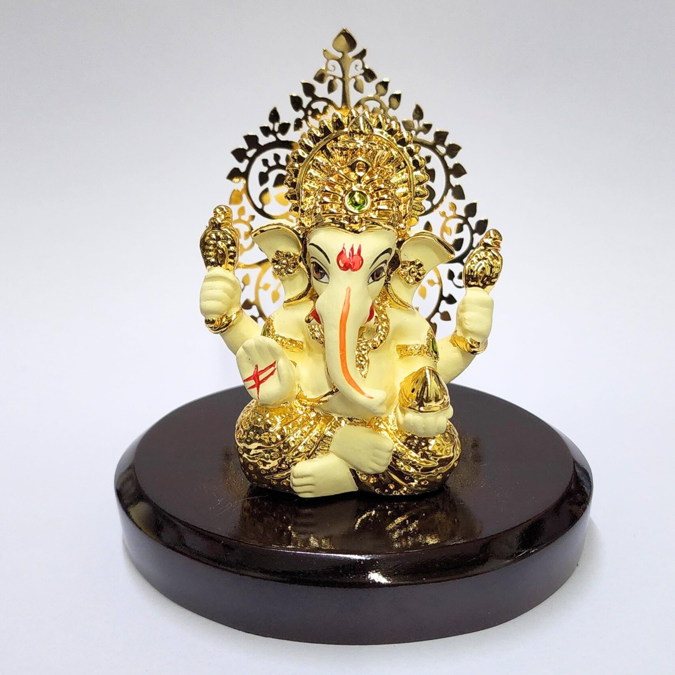 Gold Art India Lord Ganesha Idol Kalpavruksh Tree Ganesh Idol for Home Entrance Ganesh Ji for Car Dashboard | Ganesh Murti for Home Decor, Gifting & Pooja Room Oval MDF Base (Off White)