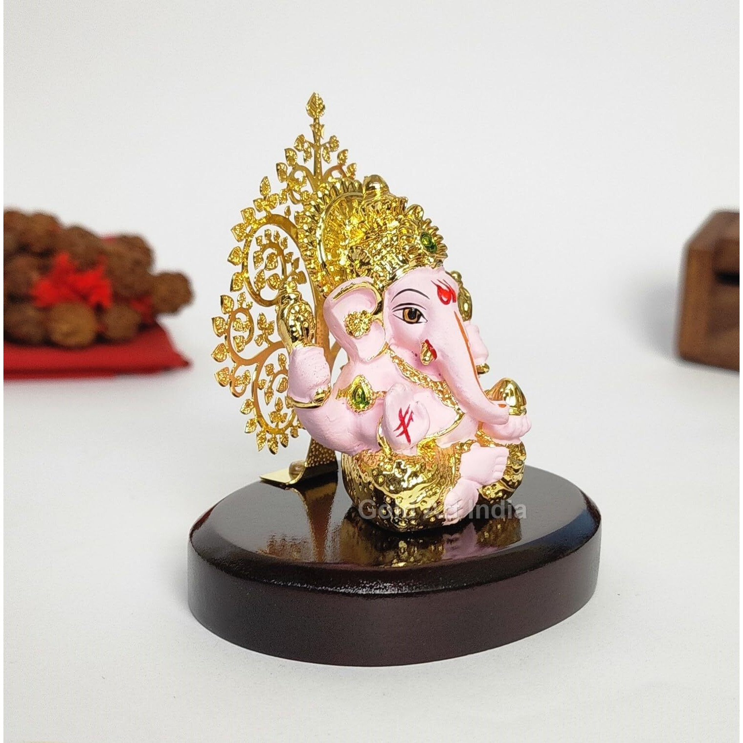 Gold Art India Lord Ganesha Idol Kalpavruksh Tree Ganesh Idol for Home Entrance Ganesh Ji for Car Dashboard | Ganesh Murti for Home Decor, Gifting & Pooja Room Oval MDF Base (Pink)