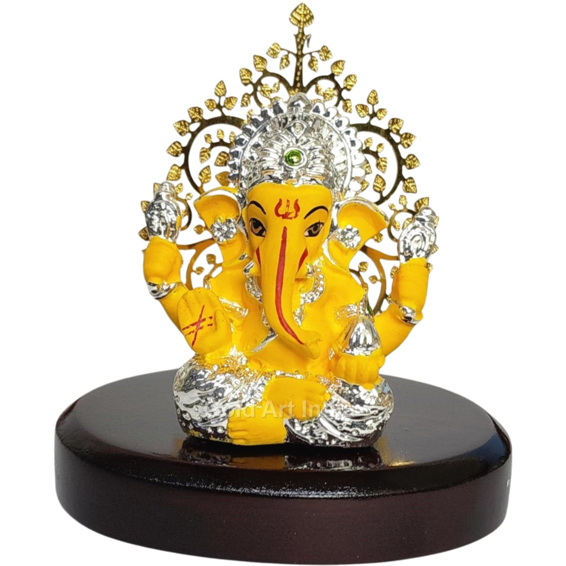 Gold Art India Lord Ganesha Idol Kalpavruksh Tree Ganesh Idol for Home Entrance Ganesh Ji for Car Dashboard | Ganesh Murti for Home Decor, Gifting & Pooja Room Oval MDF Base (Mango)