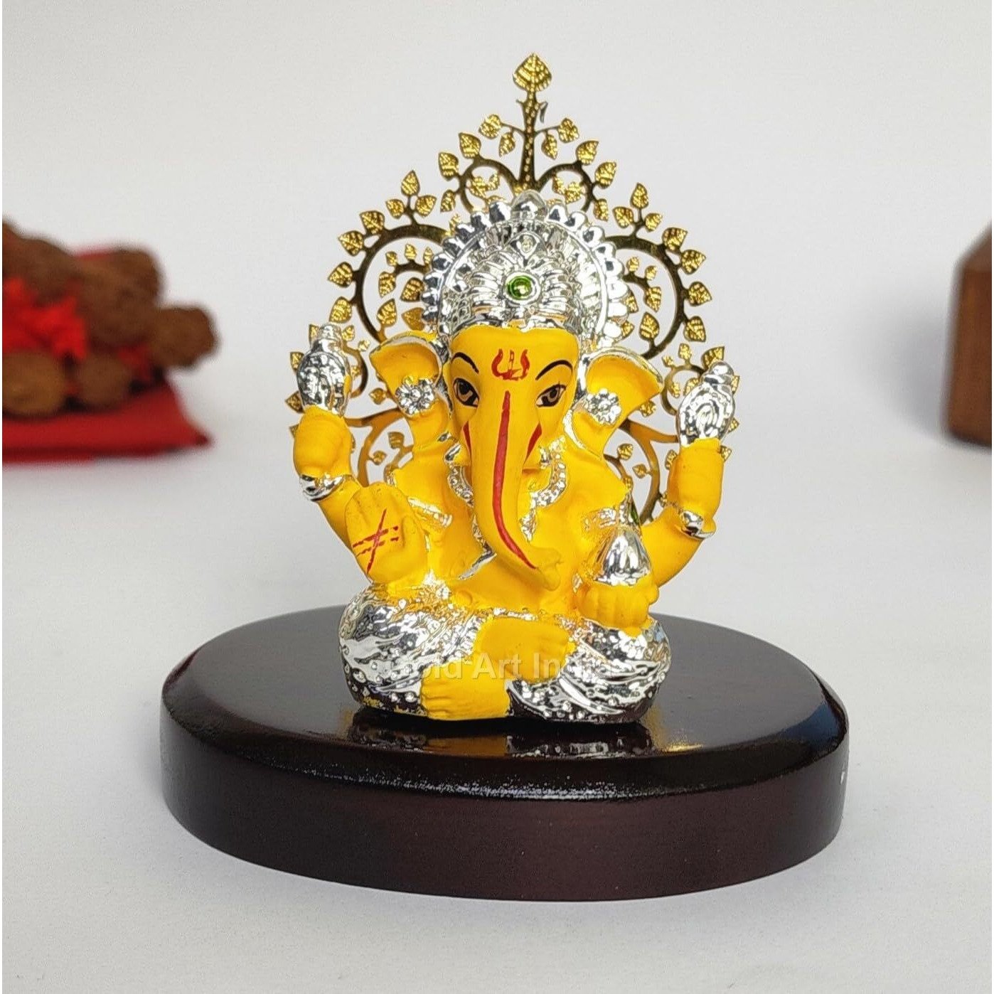 Gold Art India Lord Ganesha Idol Kalpavruksh Tree Ganesh Idol for Home Entrance Ganesh Ji for Car Dashboard | Ganesh Murti for Home Decor, Gifting & Pooja Room Oval MDF Base (Mango)