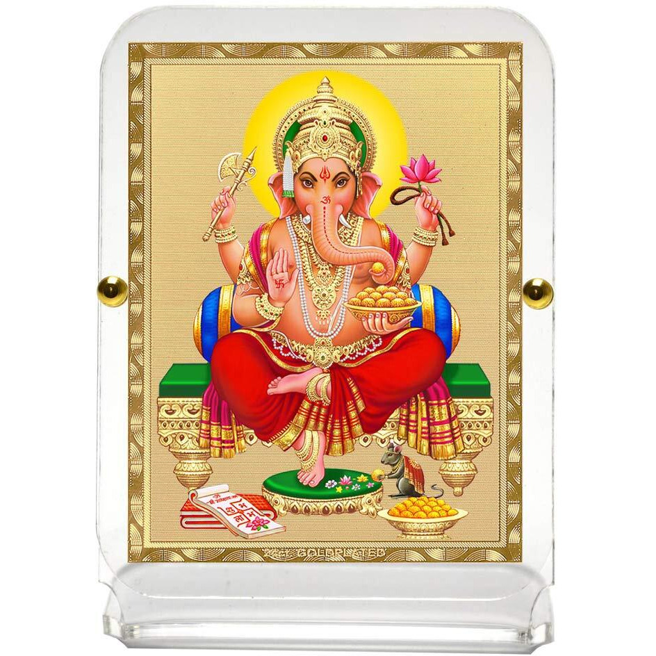 Eknoor 24 Carat Gold Plated Ganesh Ji God Idol Foil on Acrylic Base for Car Dashboard, Puja Ghar and Offices (Recta 1, 3 x 10 cm x 8 cm)