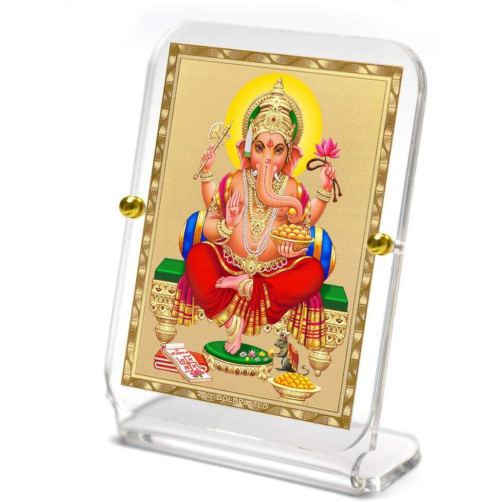 Eknoor 24 Carat Gold Plated Ganesh Ji God Idol Foil on Acrylic Base for Car Dashboard, Puja Ghar and Offices (Recta 1, 3 x 10 cm x 8 cm)