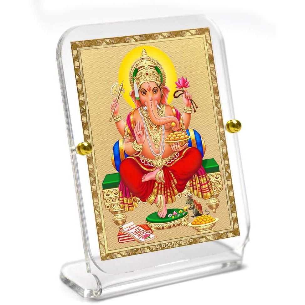 Eknoor 24 Carat Gold Plated Ganesh Ji God Idol Foil on Acrylic Base for Car Dashboard, Puja Ghar and Offices (Recta 1, 3 x 10 cm x 8 cm)