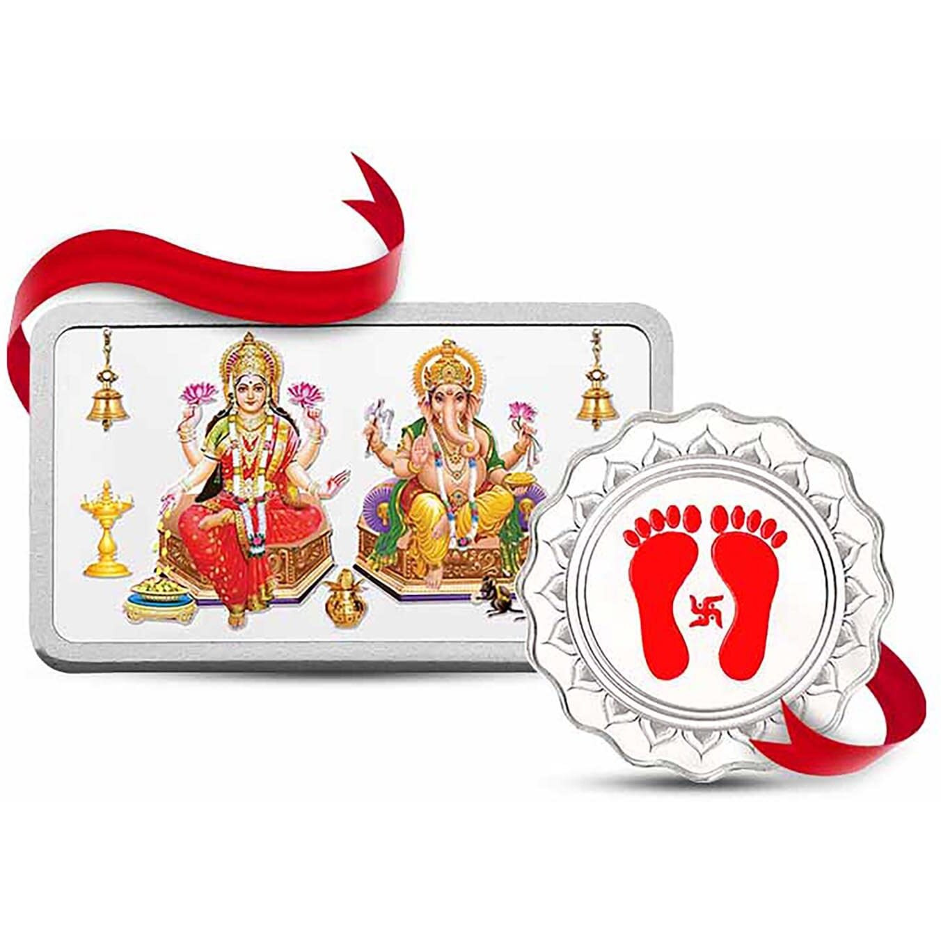 Kundan 999.9 Pure (10gm Lakshmi Ganesh Colour Bar + 10gm Lakshmi Feet Silver Color Coin) Combo
