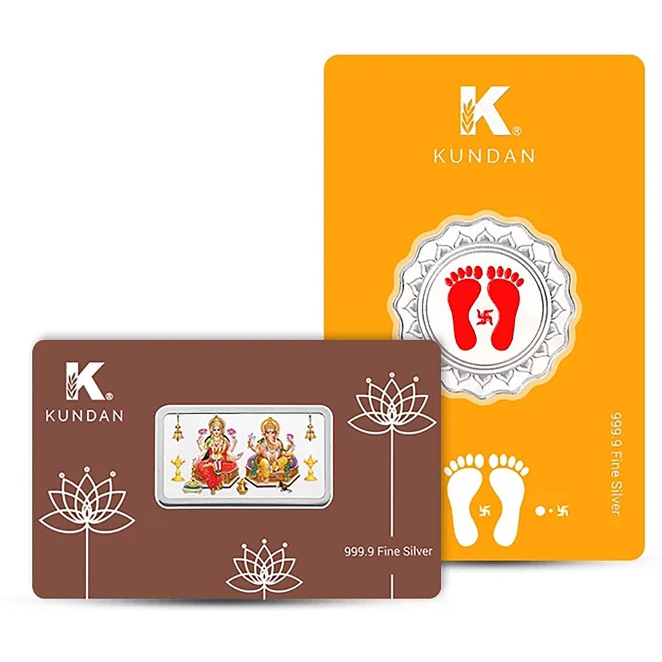 Kundan 999.9 Pure (10gm Lakshmi Ganesh Colour Bar + 10gm Lakshmi Feet Silver Color Coin) Combo