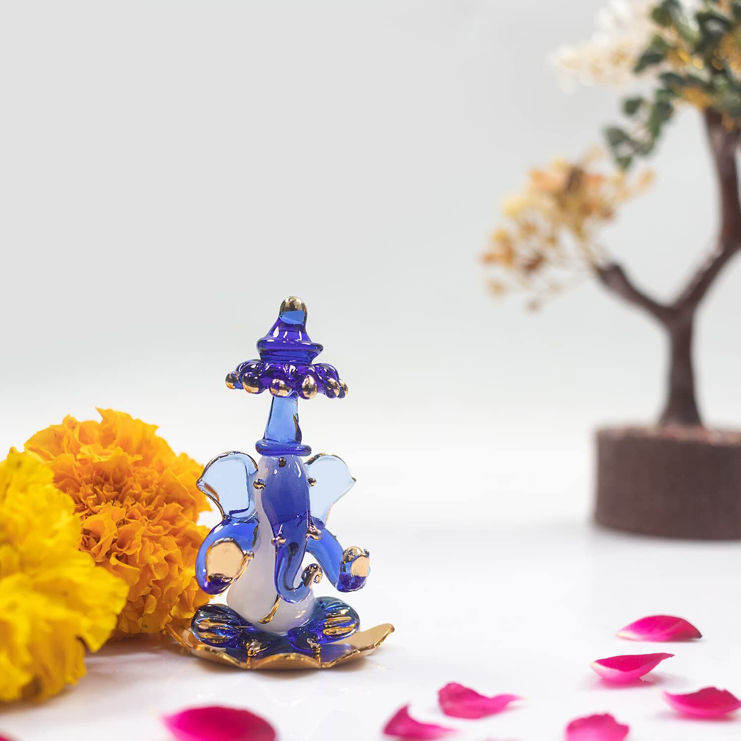 iCraft God Ganesh Sitting on Petal Statue (Murti) Idol Showpiece Handmade of Crystal Glass by for Worship, Decoration, Car Dashboard, Gift (Dark Blue), Small