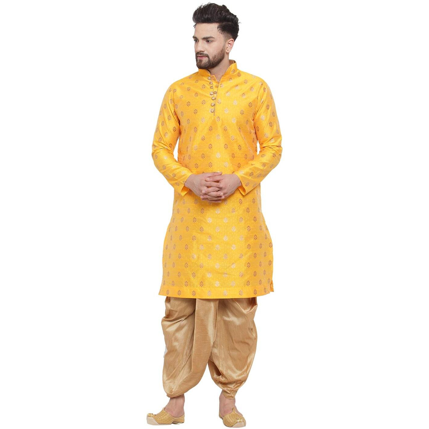 Larwa Ethnic Loop Button Ganesh Print Kurta Dhoti Set Yellow,Size42