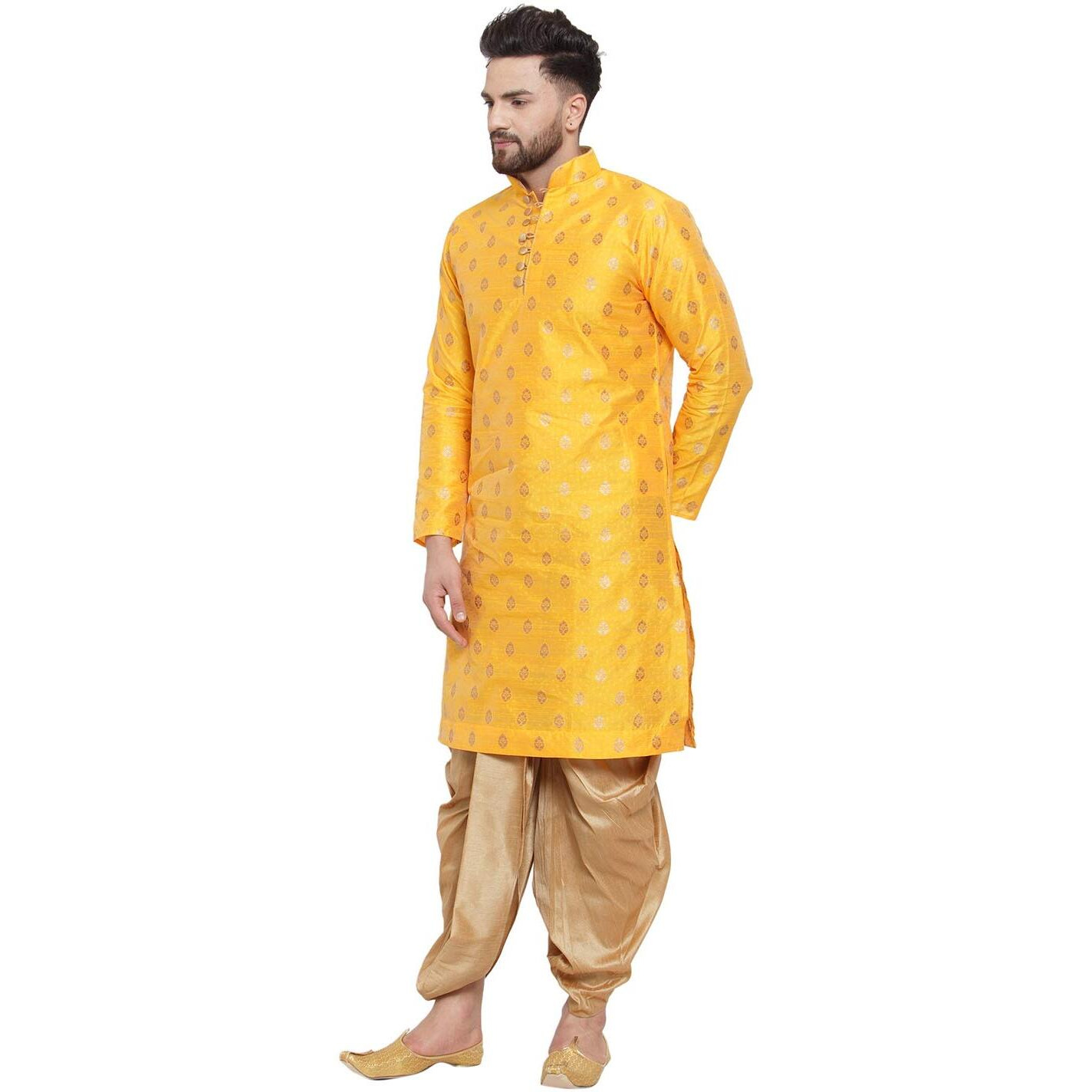 Larwa Ethnic Loop Button Ganesh Print Kurta Dhoti Set Yellow,Size42