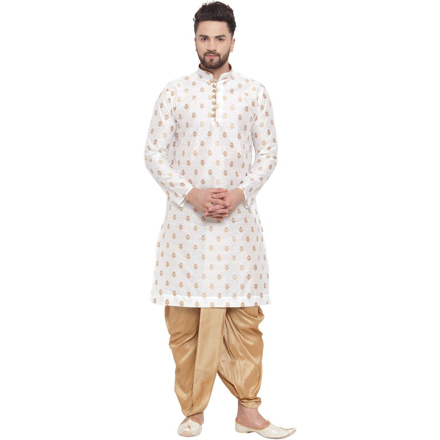 Larwa Mens Silk Kurta And Dhoti Set (White Ganesh Jacq K Gold Dhoti Lup+B_White_36)