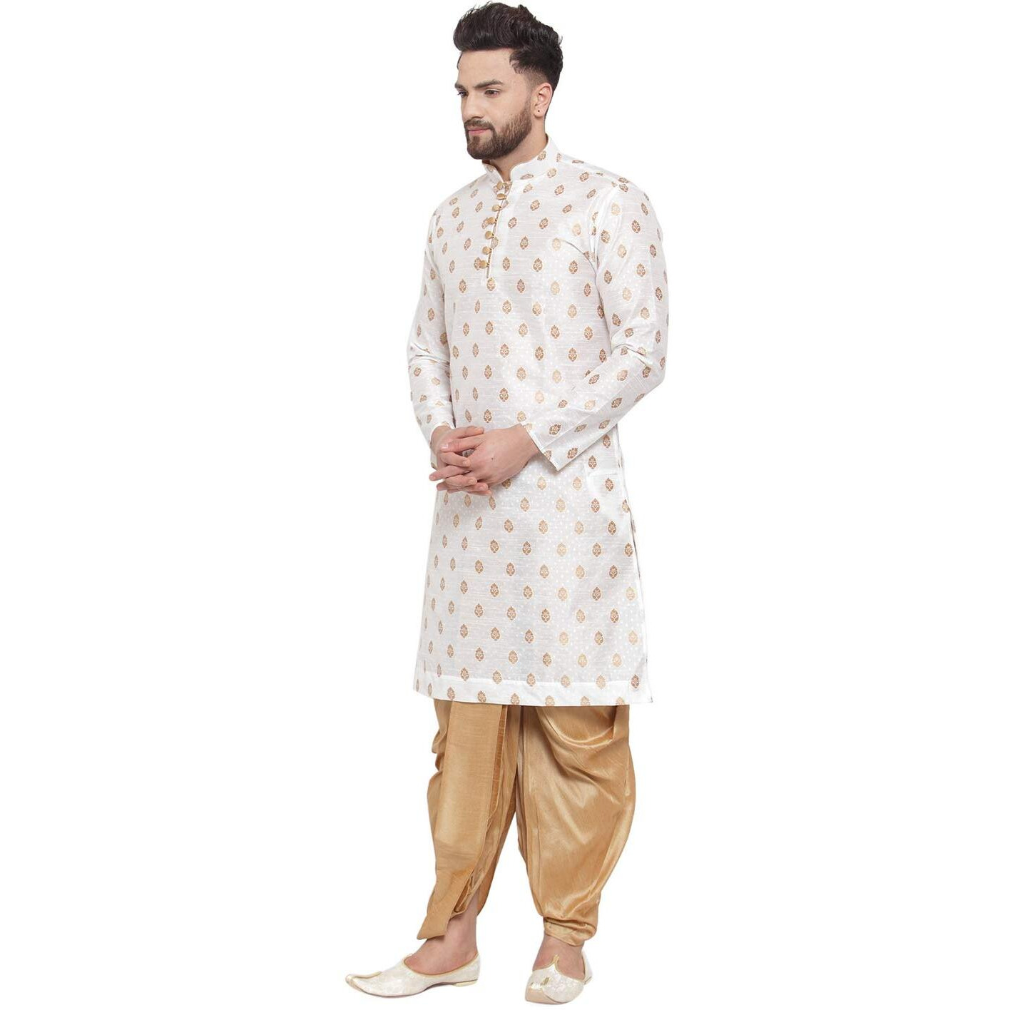 Larwa Mens Silk Kurta And Dhoti Set (White Ganesh Jacq K Gold Dhoti Lup+B_White_36)