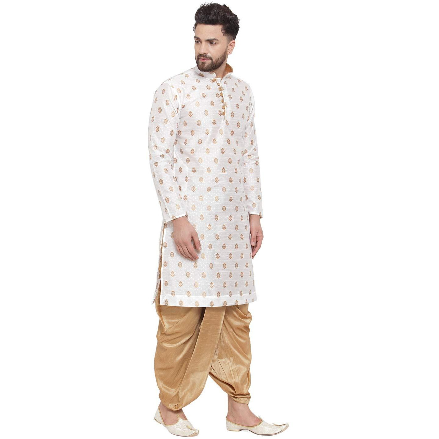 Larwa Mens Silk Kurta And Dhoti Set (White Ganesh Jacq K Gold Dhoti Lup+B_White_36)