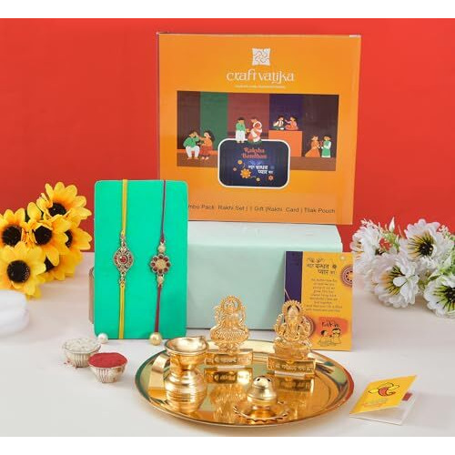 Collectible India Rakhi for Brother with Puja Pooja Thali Gifts Combo - Rakhi Gift for Brother Boys - Rakshabandha Gifts for Men Bhaiya - Gold Plated Laxmi Ganesh Pooja thali Set (M2- Set of 2 Rakhi)