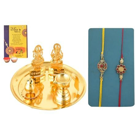 Collectible India Rakhi for Brother with Puja Pooja Thali Gifts Combo - Rakhi Gift for Brother Boys - Rakshabandha Gifts for Men Bhaiya - Gold Plated Laxmi Ganesh Pooja thali Set (M2- Set of 2 Rakhi)