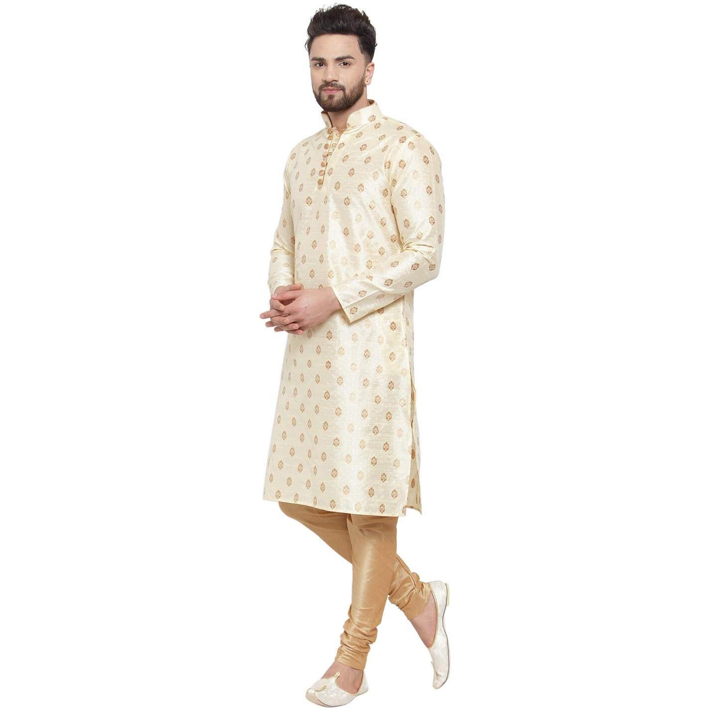 Larwa Ethnic Loop Button Ganesh print Kurta Pyjama set Beige,SIZE40