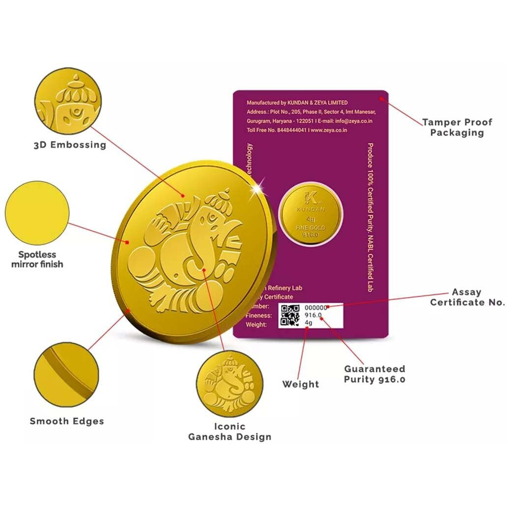 Kundan 22k (916) 4 gm Lord Ganesh Yellow Gold Coin