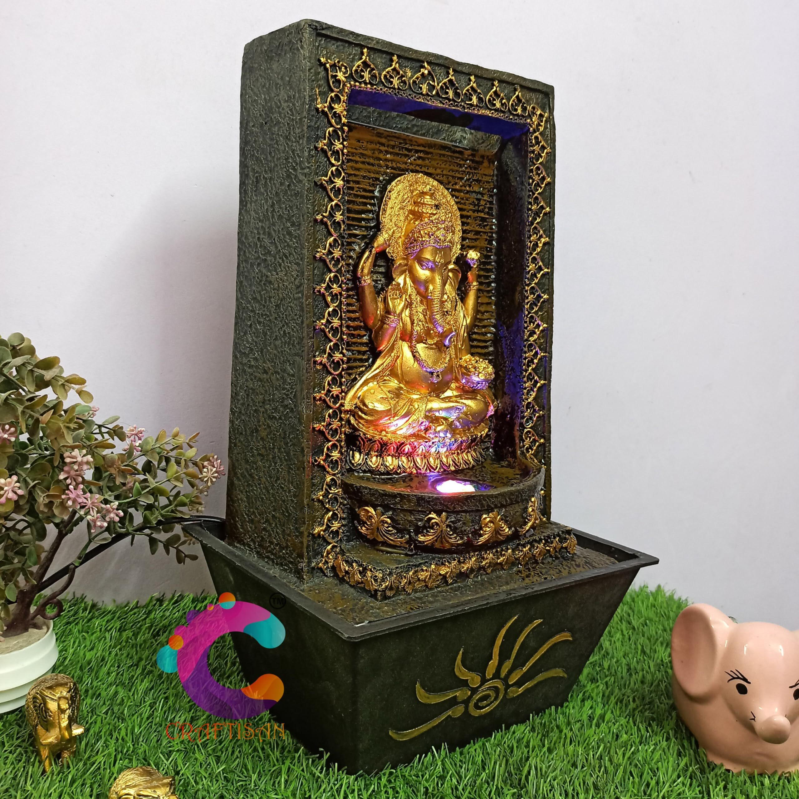 Craftisan Decorative Water Fountain for Home Dcor, Office, Indoor & Outdoor, Garden, Puja Room, Vaastu, Reception, Spa, Gifting. (Gold Ganesh)