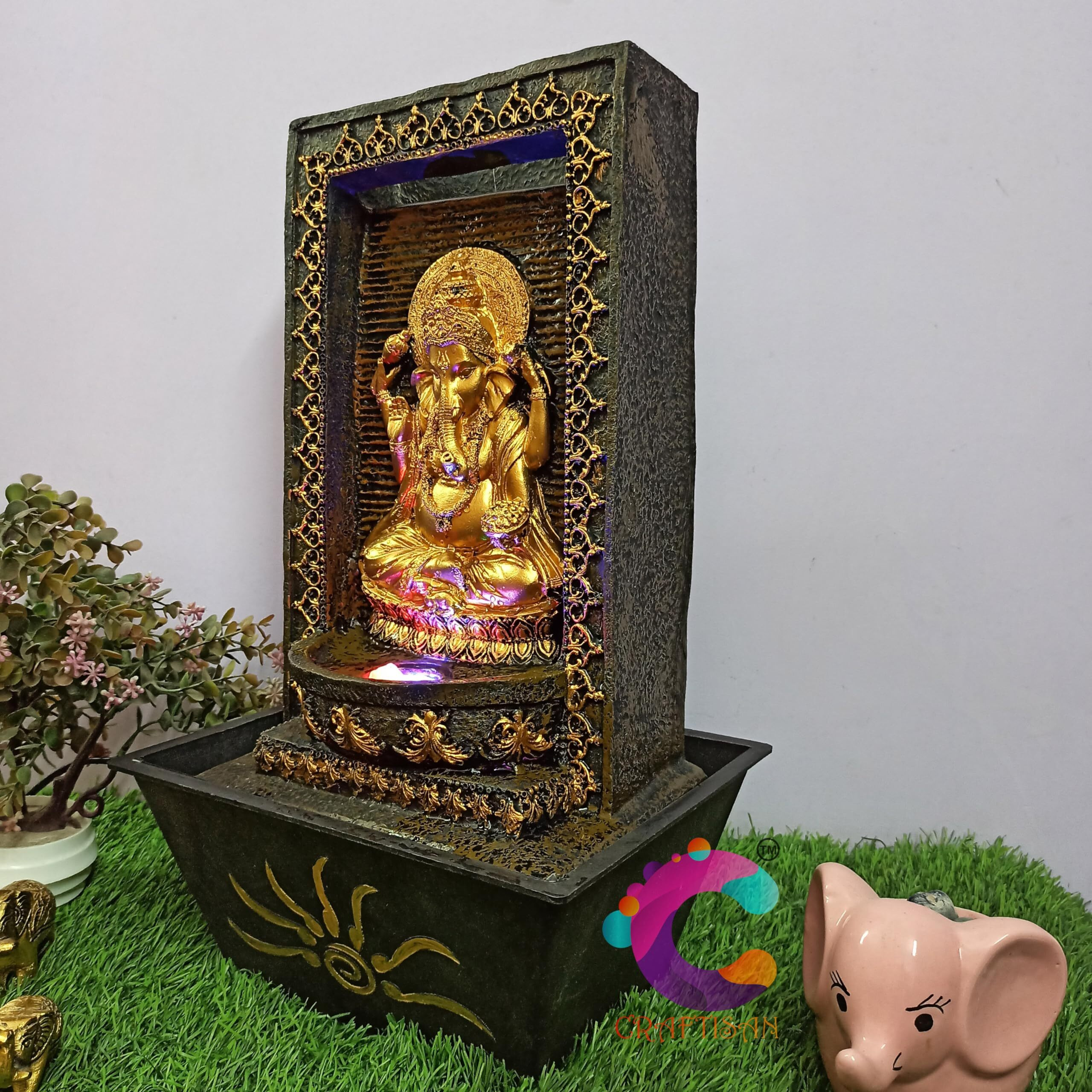 Craftisan Decorative Water Fountain for Home Dcor, Office, Indoor & Outdoor, Garden, Puja Room, Vaastu, Reception, Spa, Gifting. (Gold Ganesh)