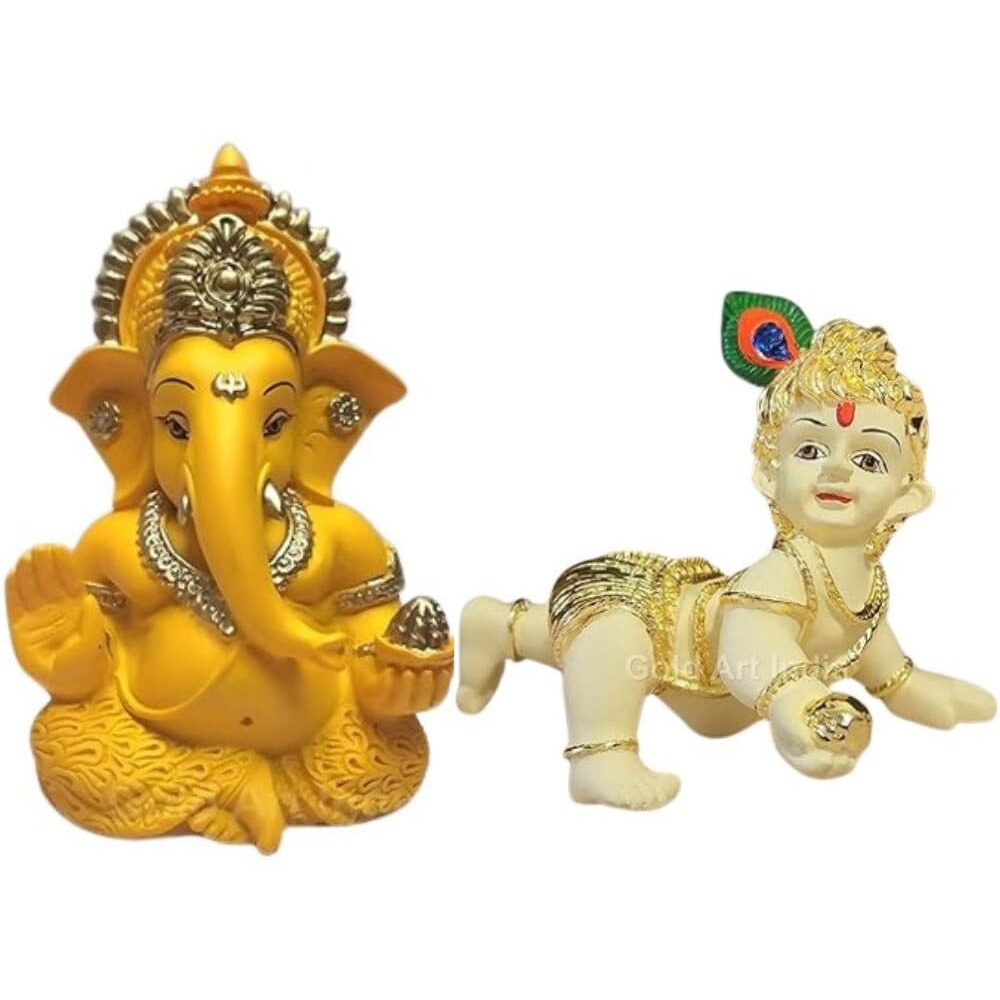 Gold Art India Mango Terracota Two Tone Ganesha Murti and Makhan Krishna Idol for Home Decor | Laddu Gopal murti for Gifting | Makhan Chor Idol | Puja Lord Krishna Ganesh Statue Gift Figurine