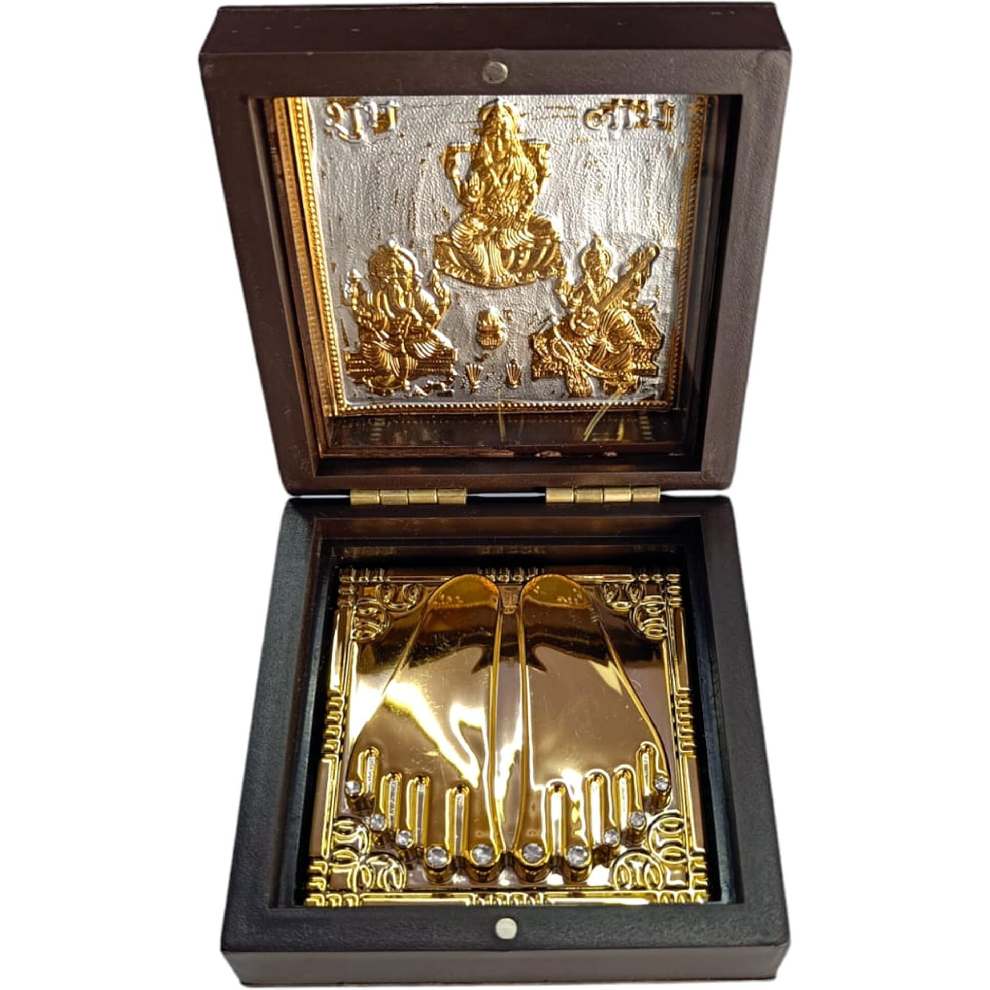 DK trades Gold Coated Ganesh Laxmi Sarswati for Diwali Pooja Box Premium Gold Laxmi Ganesh Sarswati for Diwali Pooja Box| Pocket Temple Laxmi Ganesh Sarswati with Charan Paduka |Unique Home, Office