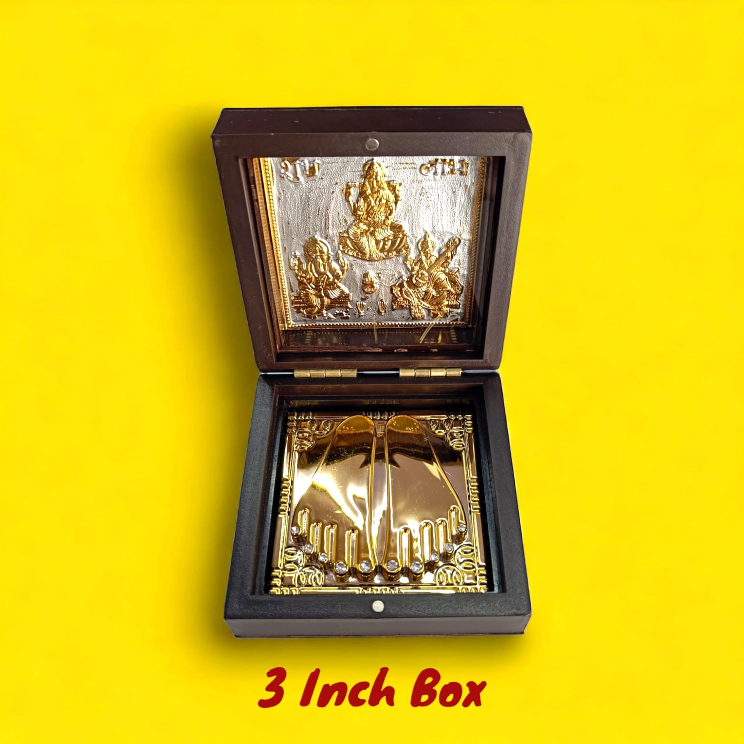 DK trades Gold Coated Ganesh Laxmi Sarswati for Diwali Pooja Box Premium Gold Laxmi Ganesh Sarswati for Diwali Pooja Box| Pocket Temple Laxmi Ganesh Sarswati with Charan Paduka |Unique Home, Office
