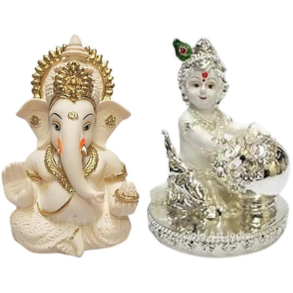 Gold Art India Peach Ivory Silver White Finish Ganesha Murti and Makhan Krishna Idol for Home Decor | Laddu Gopal murti for Gifting | Makhan Chor Idol | Puja Lord Krishna Ganesh Statue Gift Figurine
