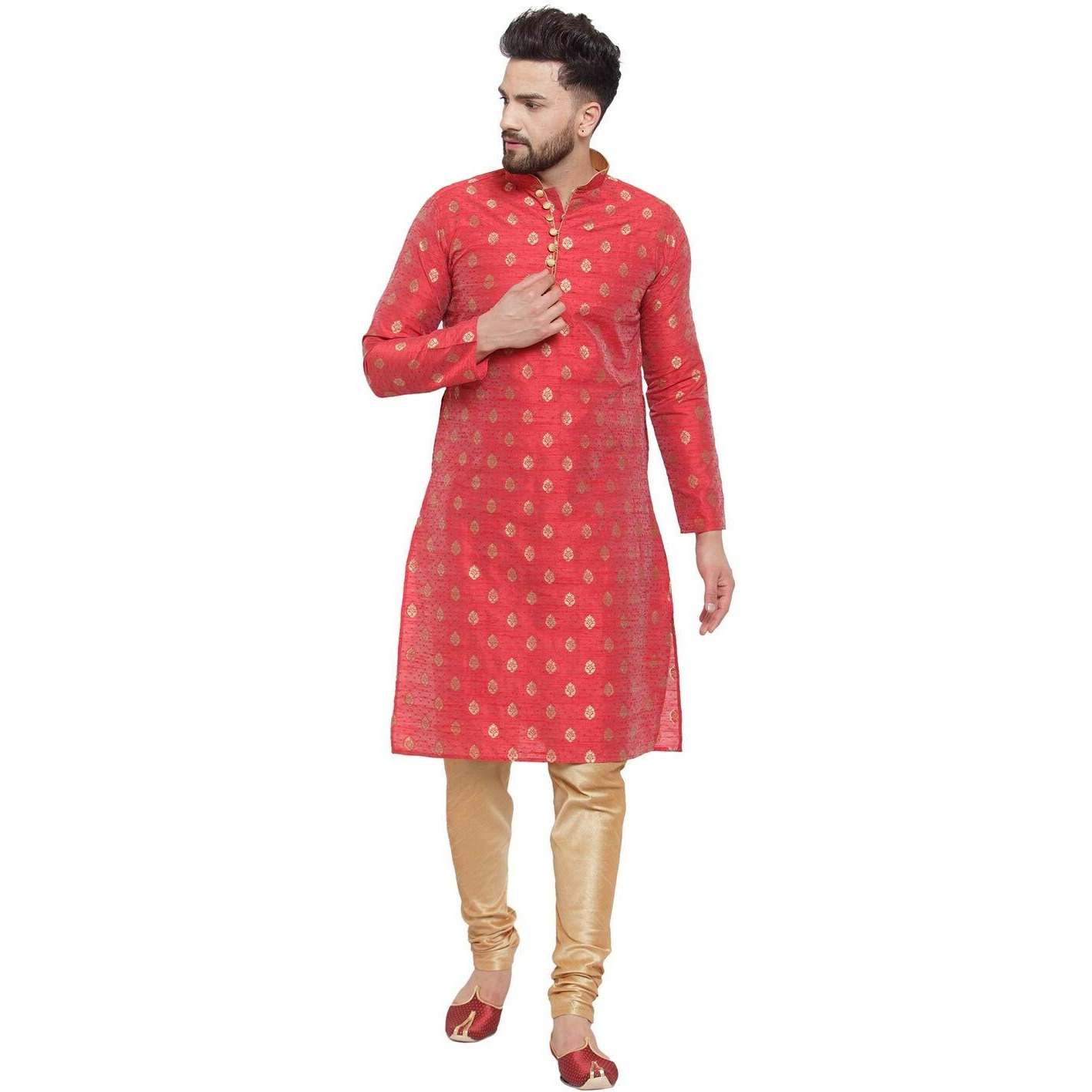 Larwa Ethnic Loop Button Ganesh print Kurta Pyjama set Maroon,SIZE38