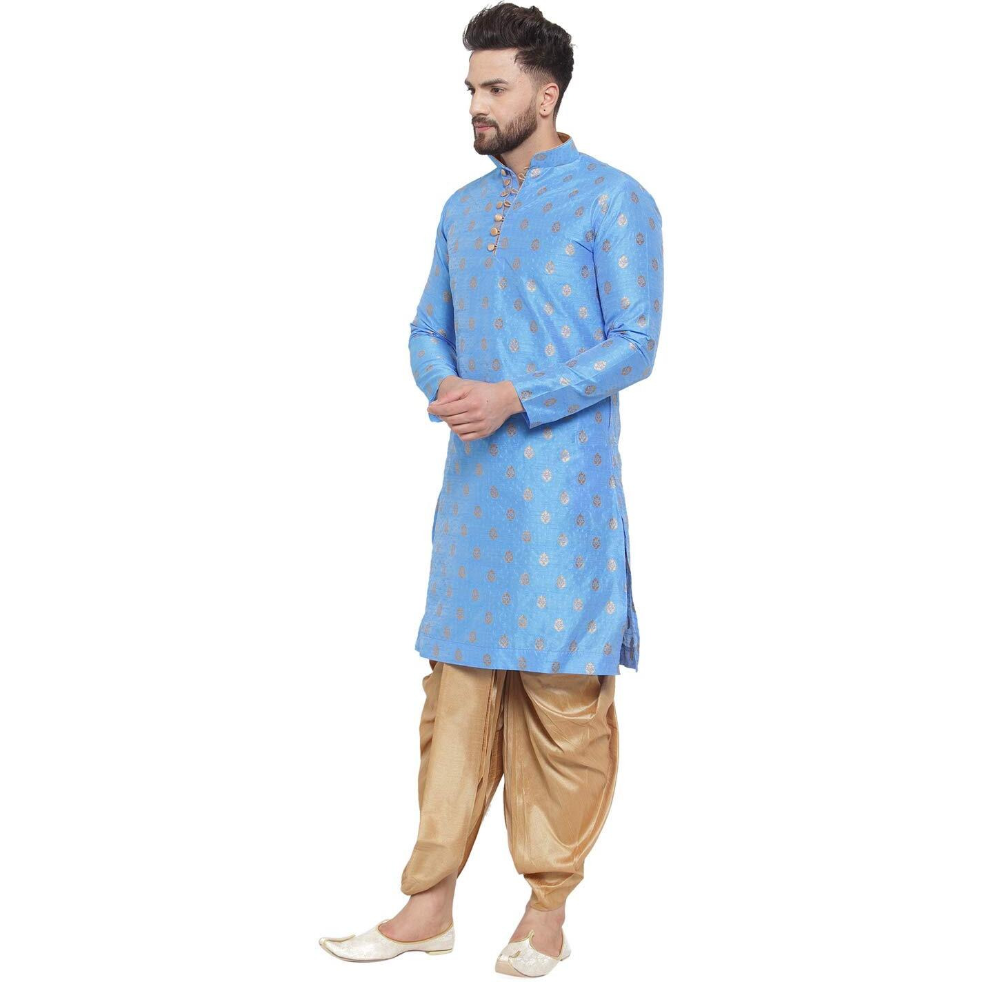 Larwa Ethnic Loop Button Ganesh Print Kurta Dhoti Set Firozi, Size44
