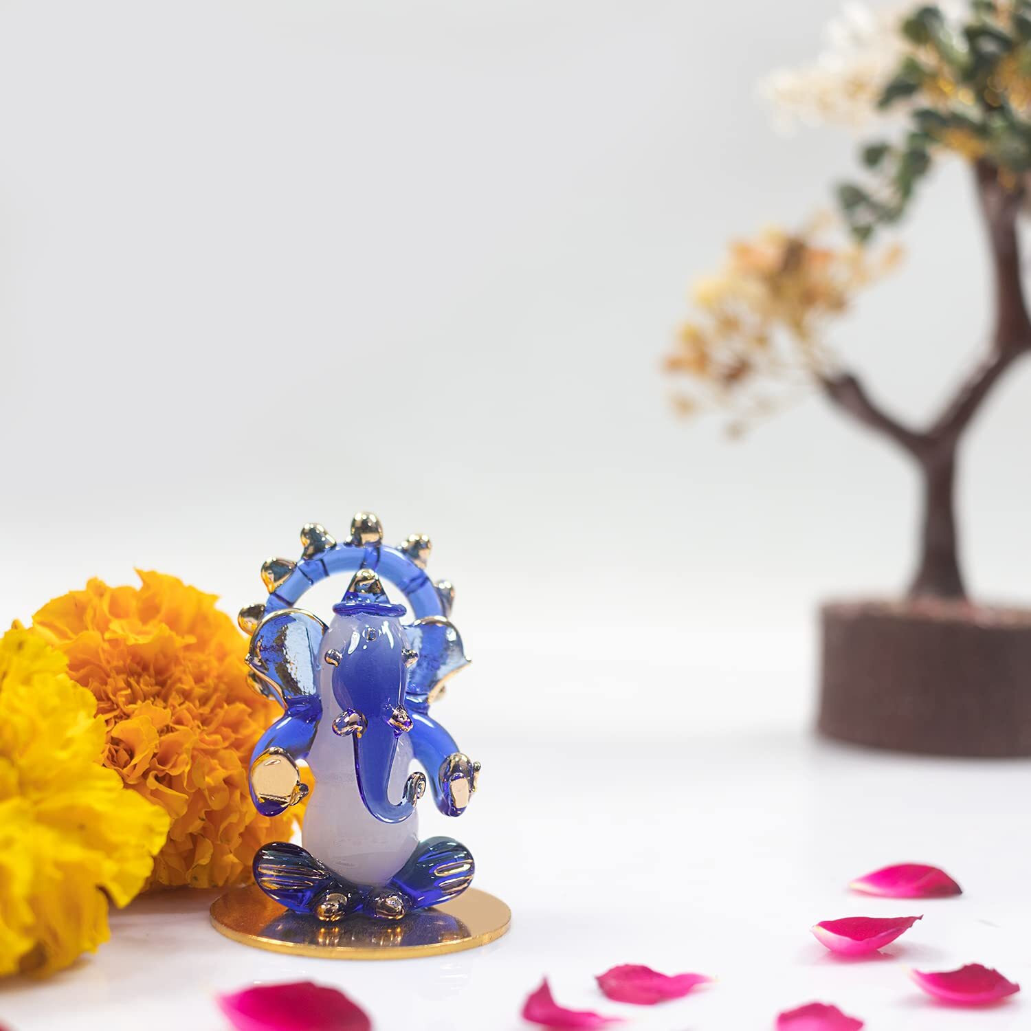 iCraft God Ganesh Sitting Statue (Murti) Idol Showpiece Handmade of Crystal Glass for Worship, Decoration, Car Dashboard, Gift (Dark Blue)