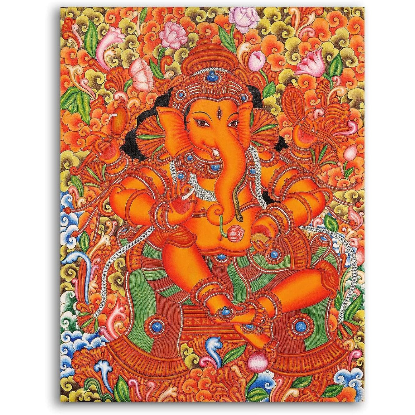 PIXELARTZ Kerala Mural Sri Ganesh Canvas Painting | Traditional Art Unframed Painting for Home dcor - Multicolour (17x23 Inches, Medium)