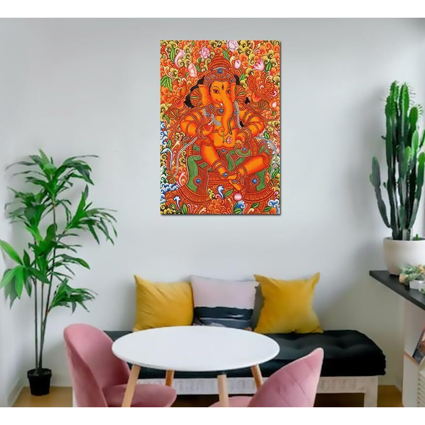 PIXELARTZ Kerala Mural Sri Ganesh Canvas Painting | Traditional Art Unframed Painting for Home dcor - Multicolour (17x23 Inches, Medium)