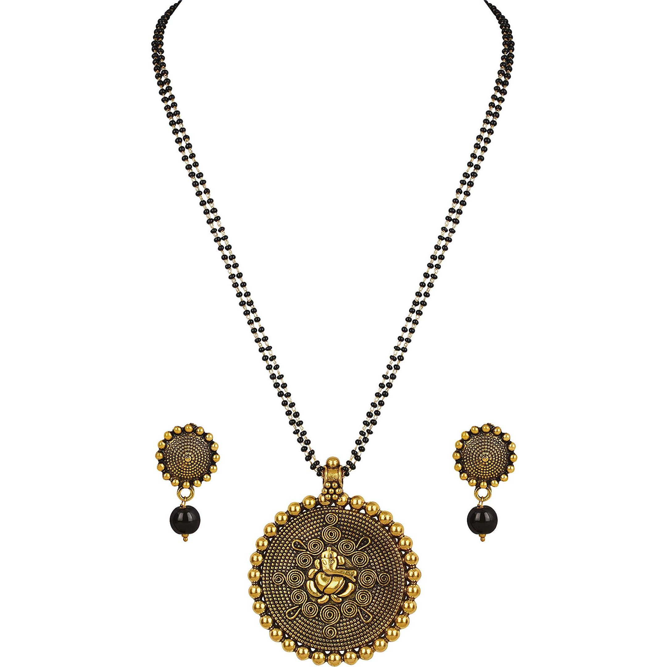 JFL - Jewellery for Less Jewellery For Less Traditional Ganesh Pendant Collection Gold Platted Black Beaded Double Chain Mangalsutra Set For Women,Valentine