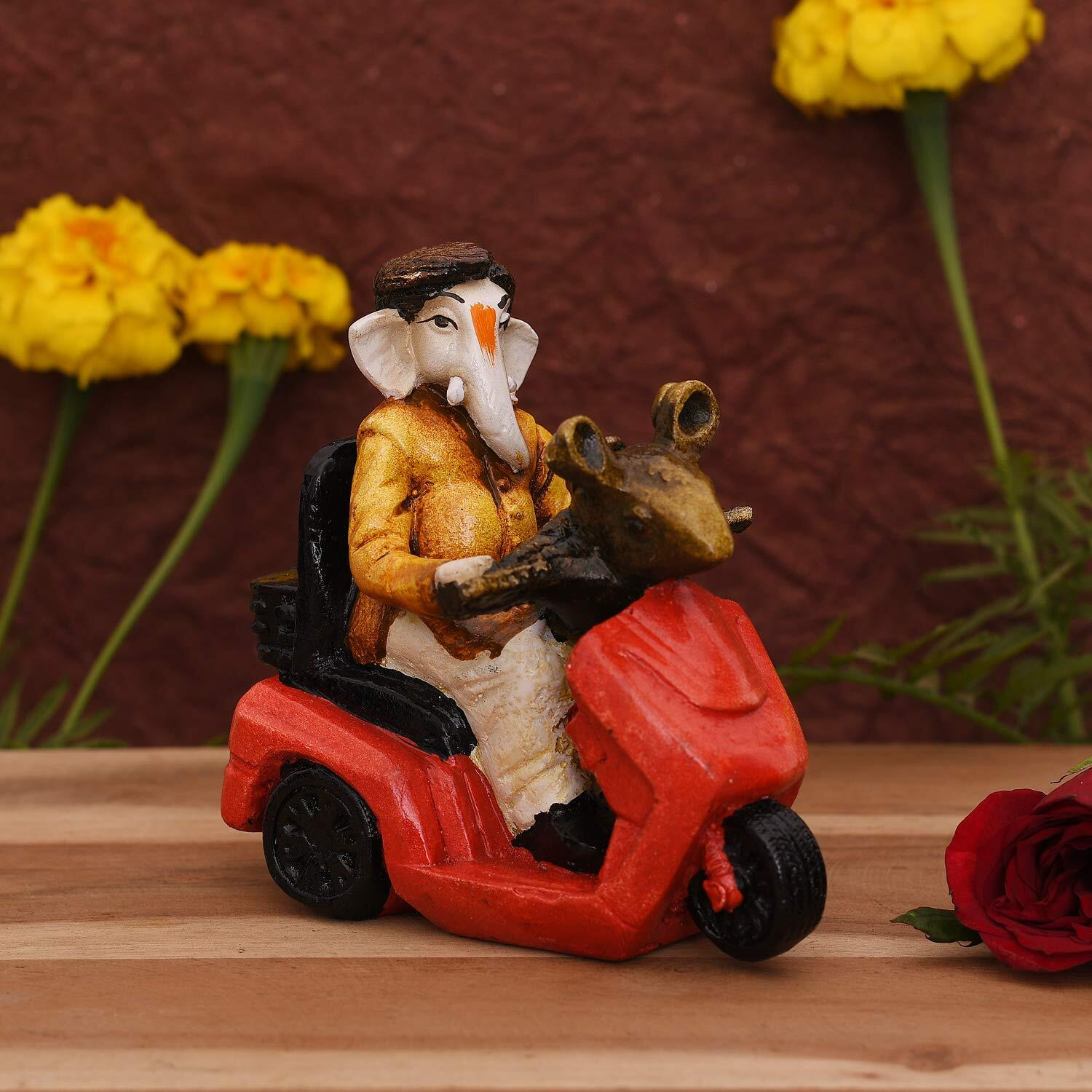 Collectible India Shri Ganesh on Scooter Statue Showpiece - Lord Ganesha Idol for Gift - Handcrafted Ganesha Idol Sculpture | Showpiece for Home Decor and Office Desk (Size 4.5 x 4.5 Inches).