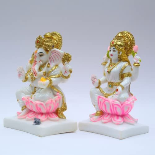 S patnaik Laxmi Ganesh Murti Gold Plated Cultured Marble Stone for Home Temple Mandir Ghr Pooja Idol Office Gift Statue- 7 Inch Standard Size