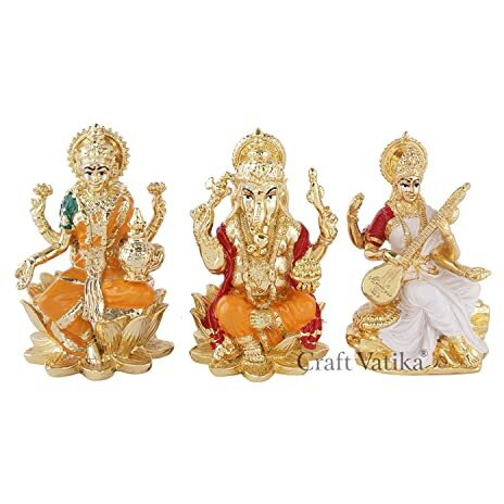 CraftVatika Ceramic Goddess Laxmi Ganesha Saraswati Idol Murti Showpiece Statue For Home Office Success Temple Pooja Room Entrance Decor Diwali Decoration Items (Lakshmi Ganesh Saraswati).,Multicolor