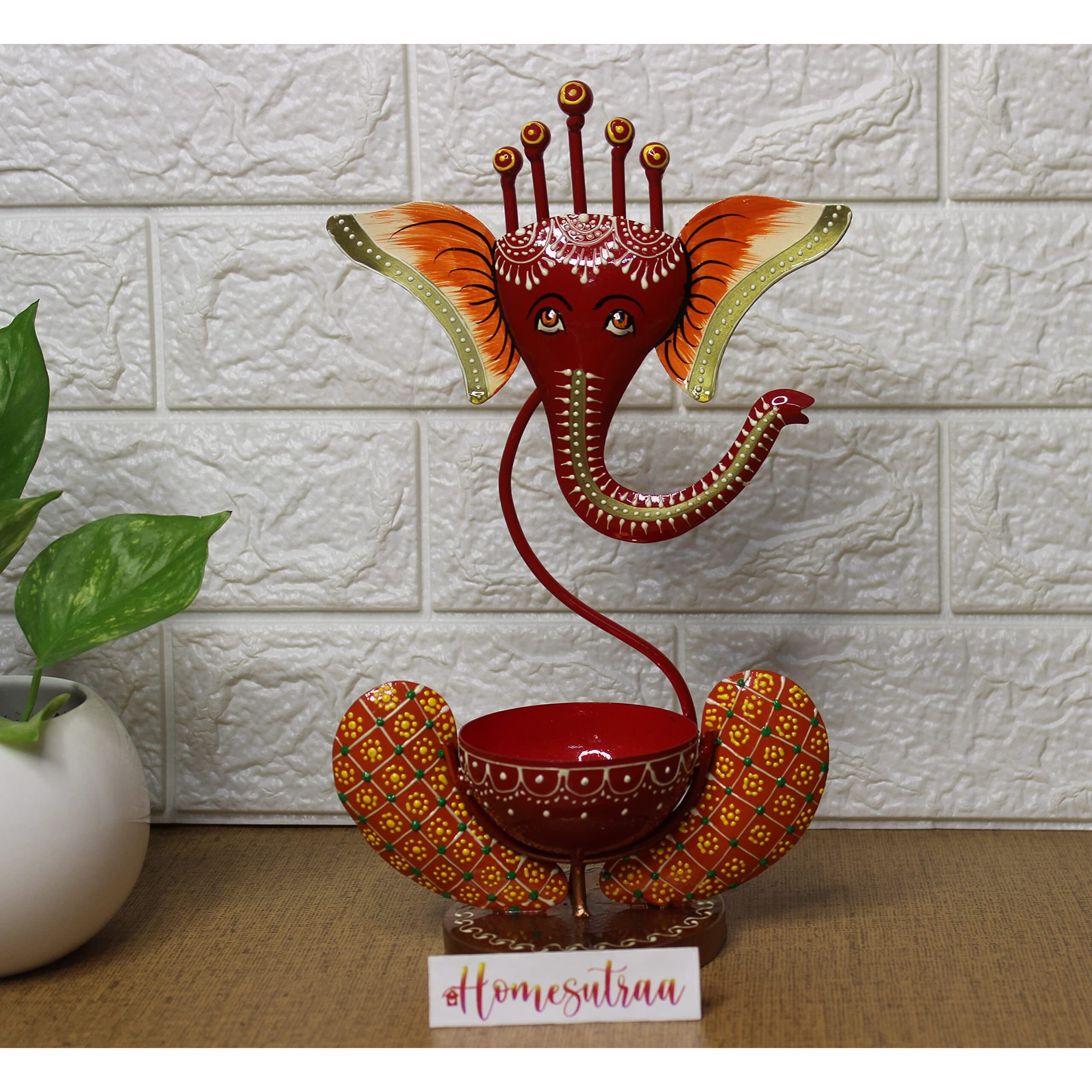 Homesutraa Iron Metal Lord Ganesh Tealight Candle Holder Red, 11 Inch, Pack of 1 - Pooja Room Table Decor Home Decoration and Gift Item
