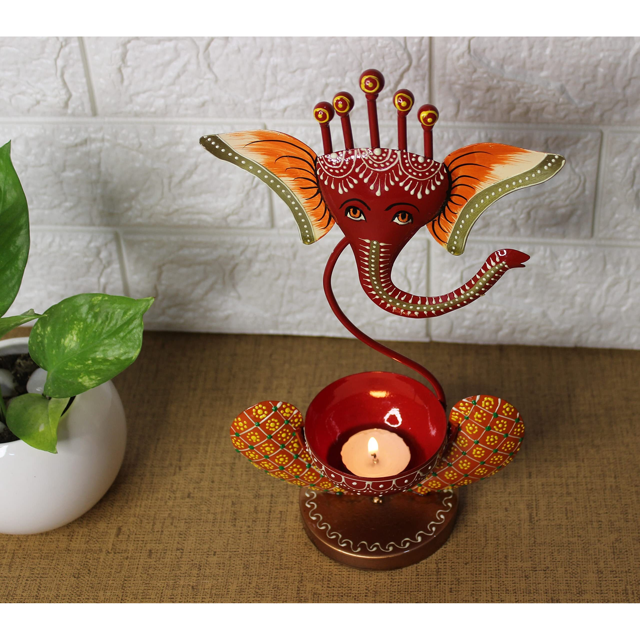 Homesutraa Iron Metal Lord Ganesh Tealight Candle Holder Red, 11 Inch, Pack of 1 - Pooja Room Table Decor Home Decoration and Gift Item