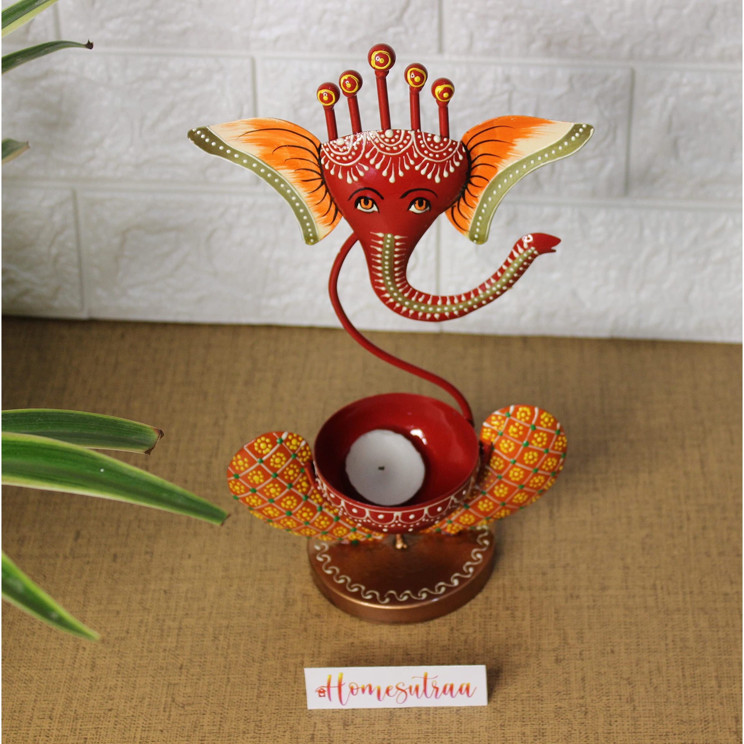 Homesutraa Iron Metal Lord Ganesh Tealight Candle Holder Red, 11 Inch, Pack of 1 - Pooja Room Table Decor Home Decoration and Gift Item