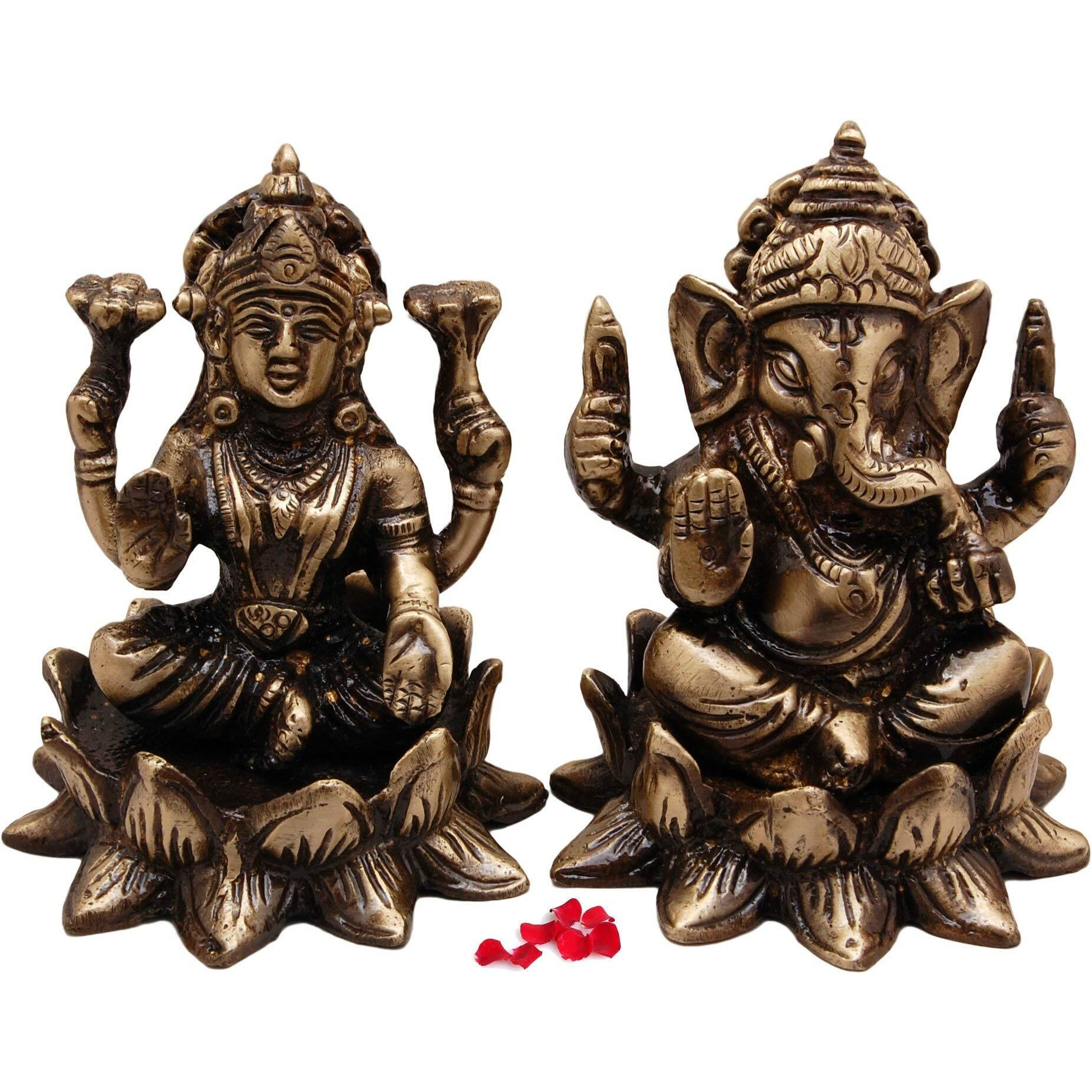 Two Moustaches Brass Laxmi Ganesh Idol Pair, Standard, Weight - 700 Grams Antique Brown, 2 Piece