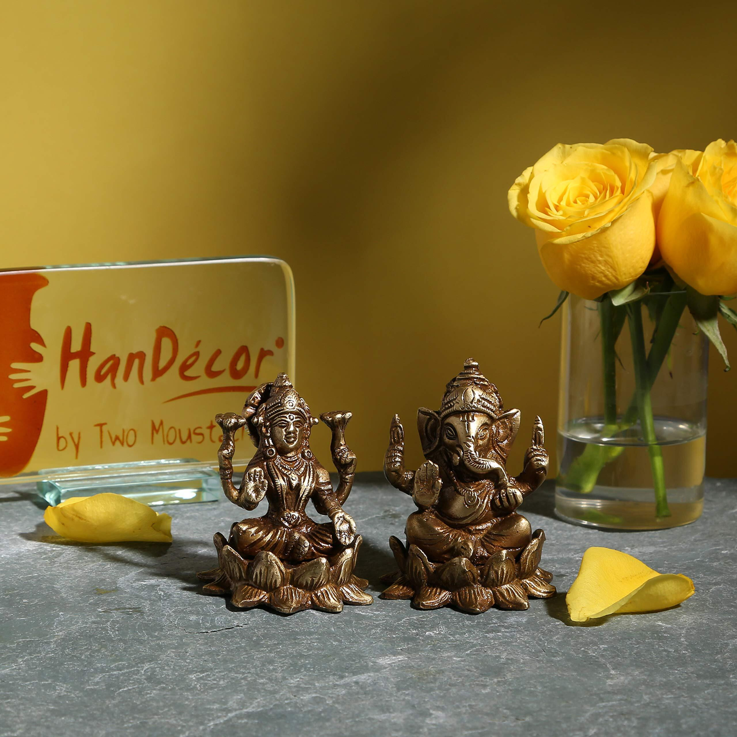 Two Moustaches Brass Laxmi Ganesh Idol Pair, Standard, Weight - 700 Grams Antique Brown, 2 Piece